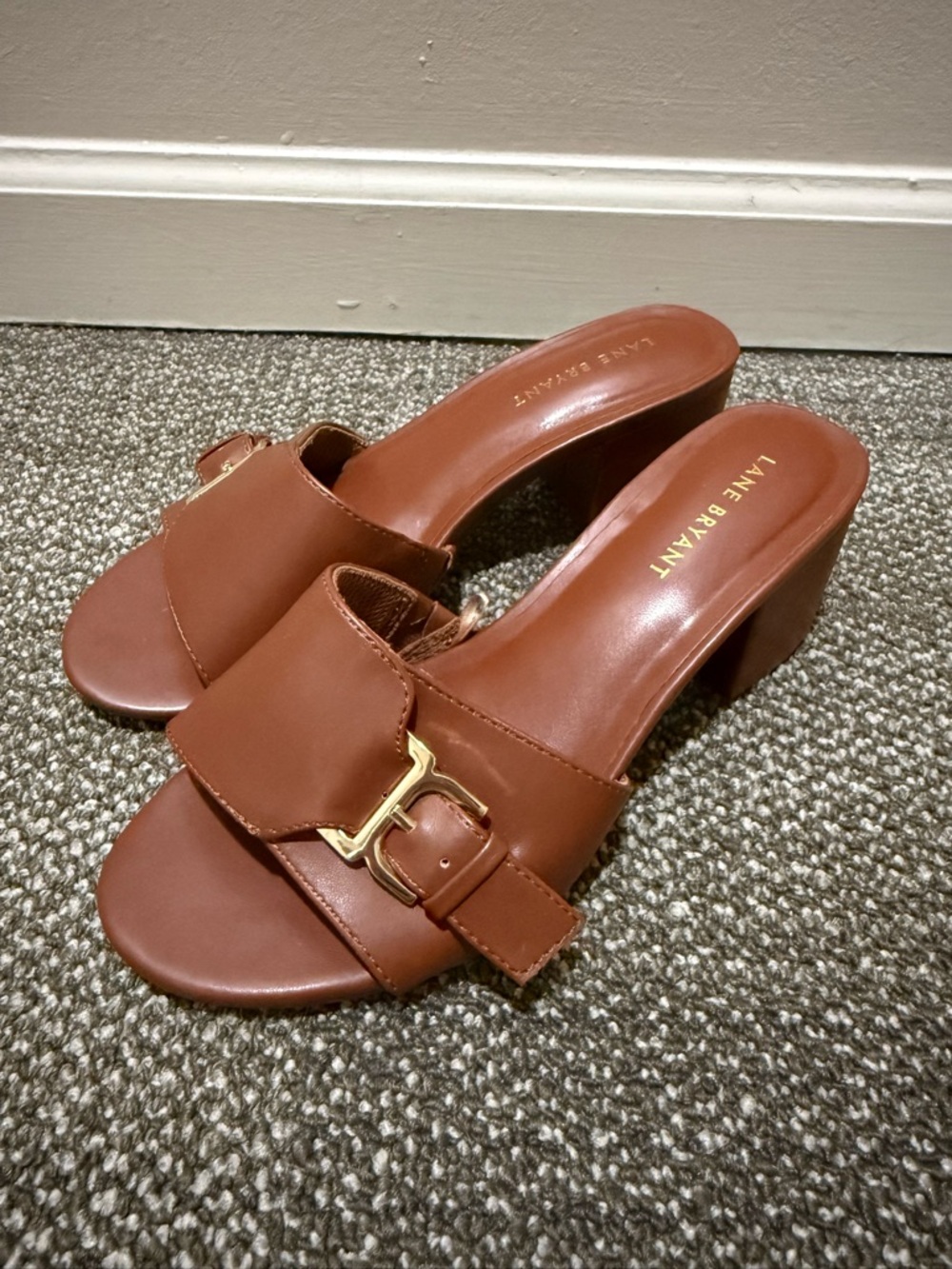 Lane Bryant Cognac Brown Leather Block Heel Mule Sandals